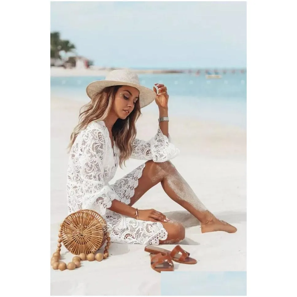 white lace smock sexy party women bikinisummer beach cover short claw designer white dress lady