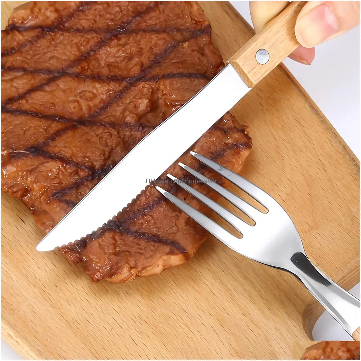 flatware cutlery sets dinner spoons knife and fork set 304 stainless steel with wooden wide handles tableware dinnerware