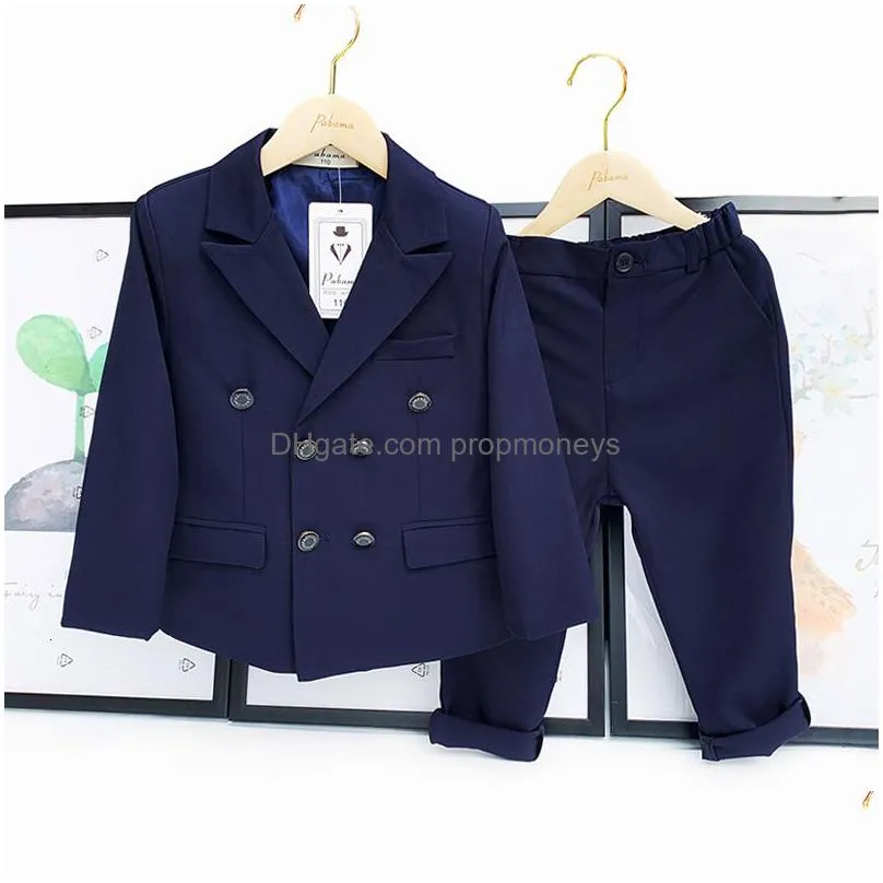 Suits Suits Spring Autumn Children Double Breasted Suit Set Kids Wedding Party Performance Costume Boys Pure Color Blazer Pants 2Pcs O Dhnmi