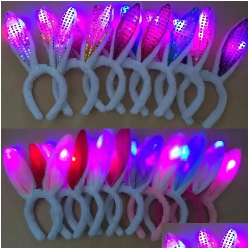 led bunny ears headband light up flashing fluffy rabbit ear headbands sequins headdress costume cosplay hairband woman halloween christmas easter gifts