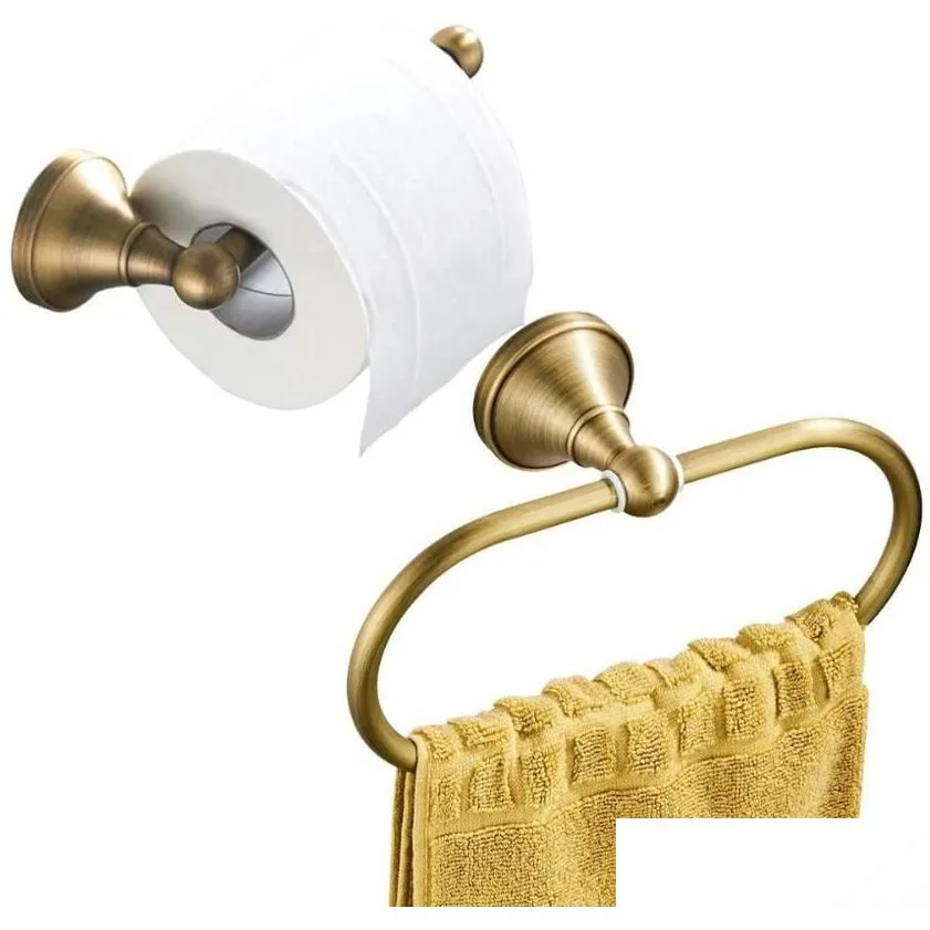 Bath Accessory Set Bath Accessory Set Impeu Toilet Paper Holder And Towel Ring Wall Mounted Antique Brass Brushed Bronze Home Garden B Dhbtd