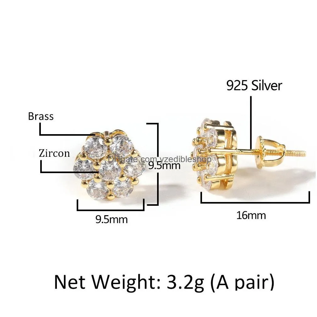hip hop claw setting cz stone bling ice out plum blossom flower stud earring for women men unisex rapper jewelry