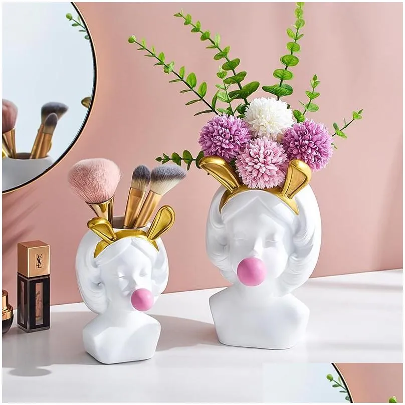 Nordic style white resin vase cute girl blowing bubbles decorative head carving vase modern home decoration pen holder