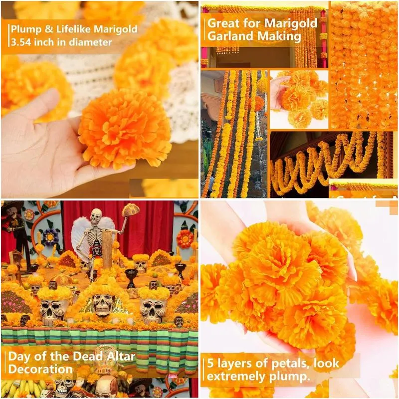 Decorative Flowers 3.9Inch Marigold Artificial Day Of The Dead Flower 200Pcs Fake Head For Garland Making