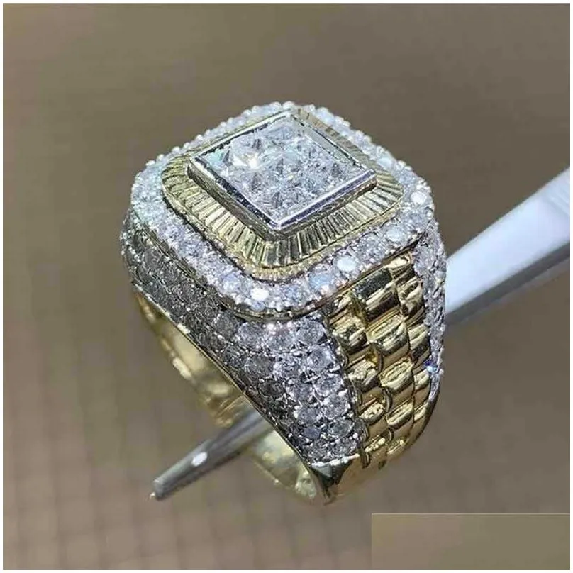 Band Rings Band Rings Domineering Gold Color Hip Hop Ring For Men Women Fashion Inlaid White Zircon Stones Punk Wedding Jewelry J23033 Dh31Q