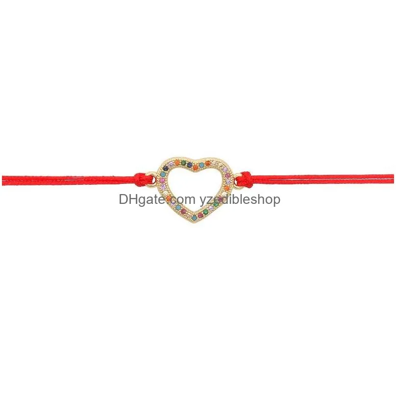 charm bracelets gold-plated rainbow cubic zirconia heart bracelets bangles red string handmade love adjustable simple fashion jewelry