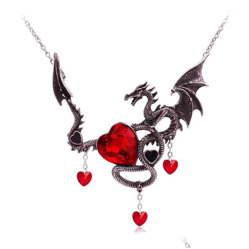 Pendant Necklaces Fashion Heart-Shaped Gemstone Alloy Pendant Gothic Punk Fire-Breathing Dragon Necklace Jewelry Jewelry Necklaces Pen Dhpto