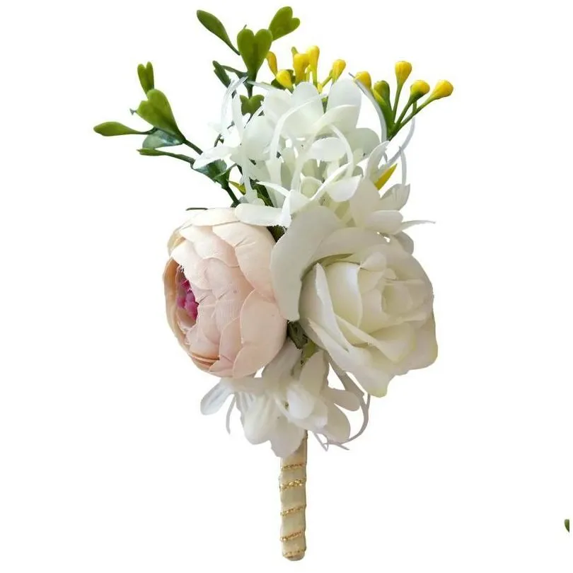 Decorative Flowers & Wreaths White Corsage Artificial Flower Silk Wrist For DIY Wedding Party Decoration Men`s Fake
