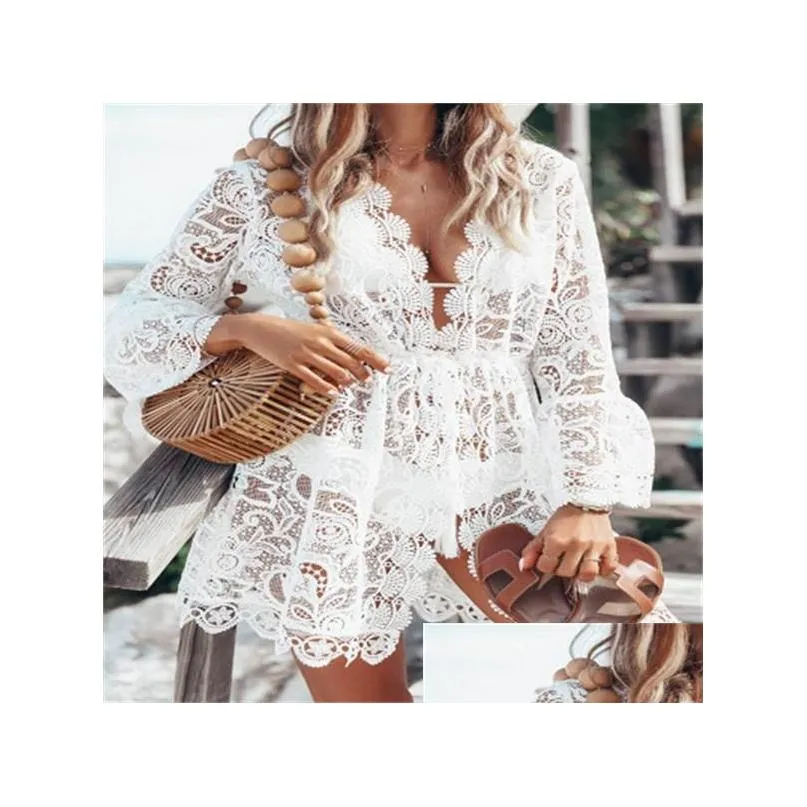 white lace smock sexy party women bikinisummer beach cover short claw designer white dress lady