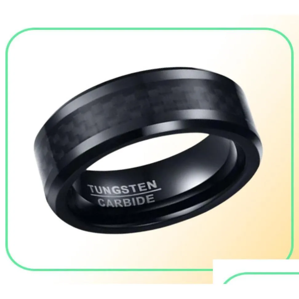 Wedding Rings Wedding Ring Beveled Edge 8Mm Comfort Fit Mens Black Tungsten Carbide Ing Band With Carbon Fiber7415381 Jewelry Ring Dh3Kt