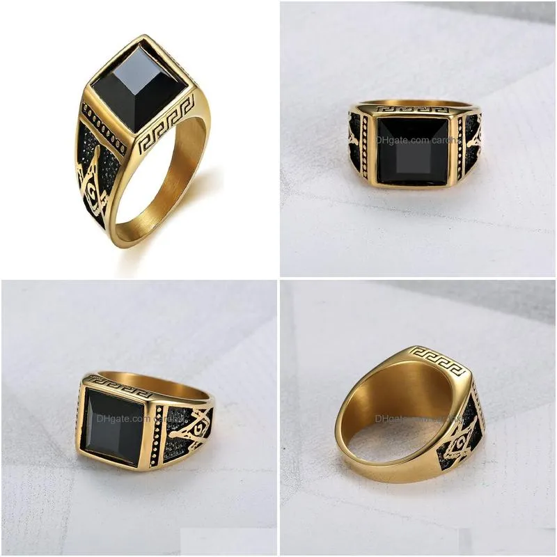 Band Rings Gold Color Stainless Steel Men Masonic Rings Setting Black Big Stone Mason Ring For Jewelry2725762 Jewelry Ring Dhndo