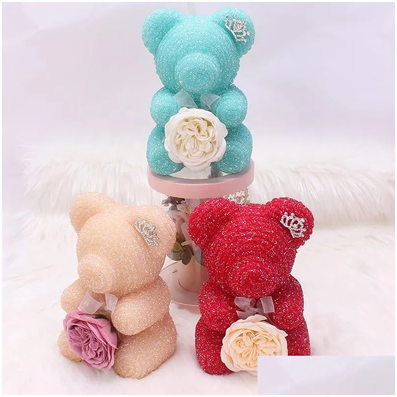 Decorative Flowers & Wreaths Crystal Diamond Rose Bear With Emulated Soap Flower And Crown Birthday Wedding Party Valentine`s Day Gift