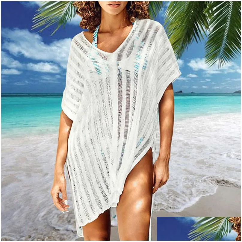 Basic & Casual Dresses White Y Backless Knitted Beach Dress Women Bikini Er Up Holiday Bodycon Mini Casual Dresses Summer Vacation Out Dhvzl