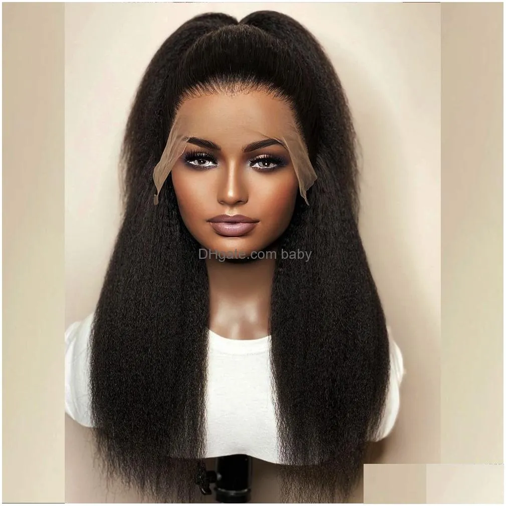 26inch 180density glueless  black colored yaki kinky straight lace front wig for women bundles with closure heat resistant