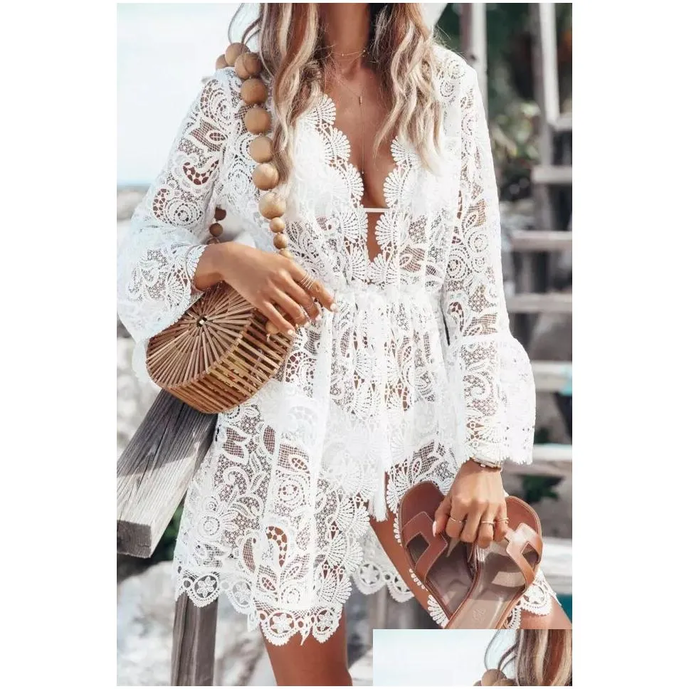 white lace smock sexy party women bikinisummer beach cover short claw designer white dress lady