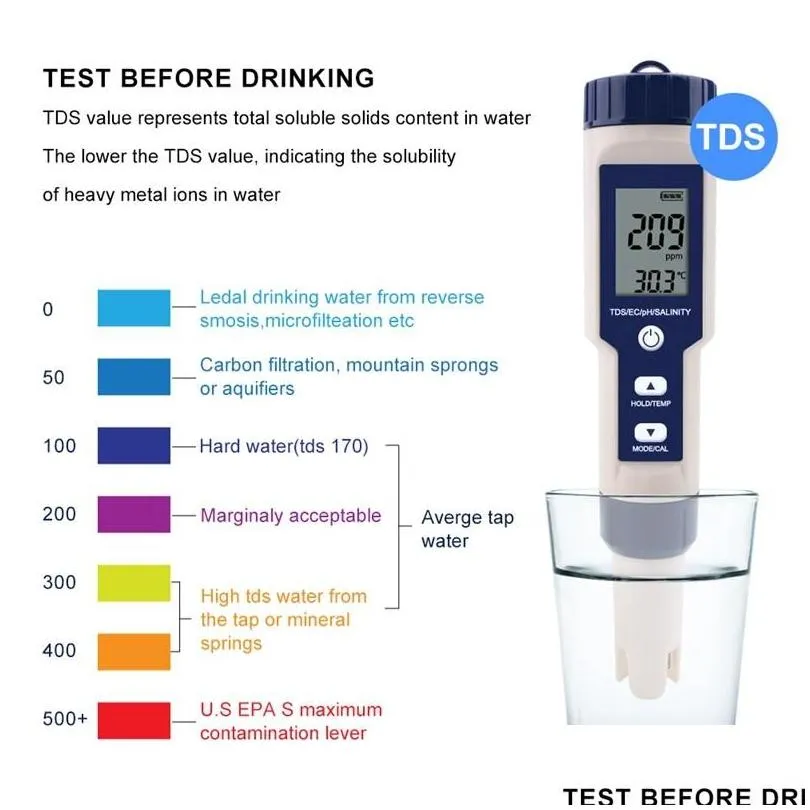 wholesale meters professional digital water tester 5 in 1 ph/tds/ec/salinity/temperature pen waterproof multi-function meter