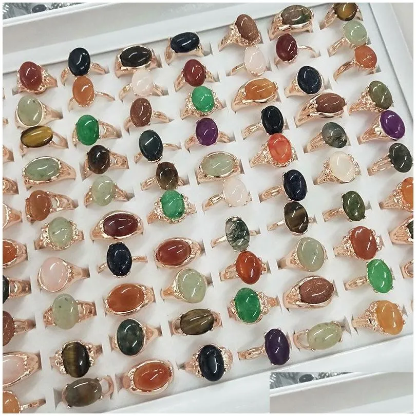 Solitaire Ring 50Pcs/Lot Colorf Natural Stone Rings For Women Ladies Gemstone Jewelry Fashion Ring Mix Styles Valentines Day Gift Jewe Dhaj4