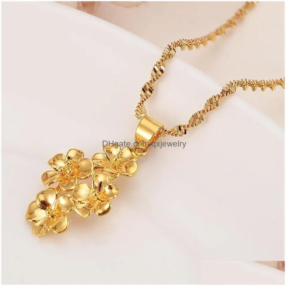Earrings & Necklace Golden Flowers Assembled Beautif Fine 18K Gold Pendant Chain Earrings Flower Set Jewelry Bride Wedding Bijoux Gift Dh7Jk