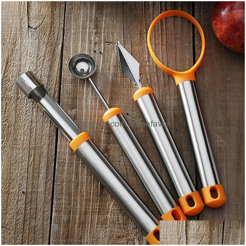 4 pack fruit carving tool knife kit watermelon baller slicer stainless steel fruit corer cutter for ice cream melon scoop plate