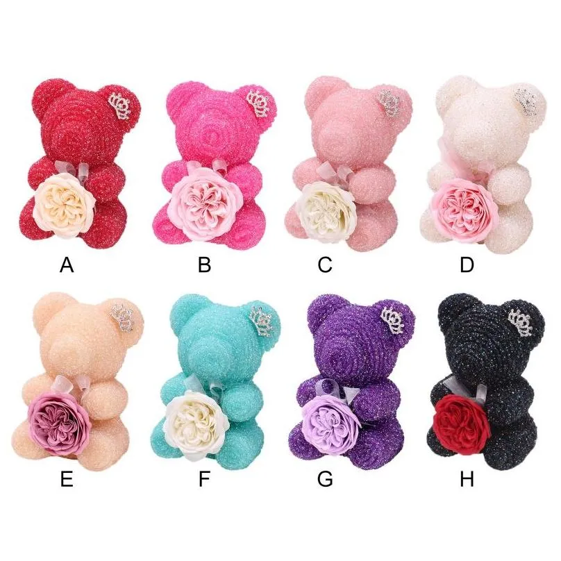 Decorative Flowers & Wreaths Crystal Diamond Rose Bear With Emulated Soap Flower And Crown Birthday Wedding Party Valentine`s Day Gift