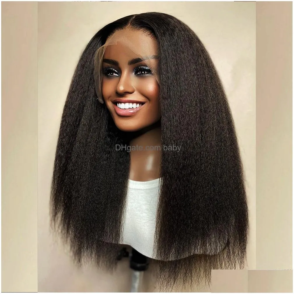 26inch 180density glueless  black colored yaki kinky straight lace front wig for women bundles with closure heat resistant