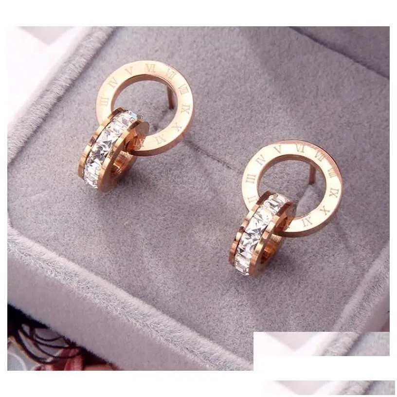 stud crystal diamond earrings rose gold fashion titanium steel double wound roman numerals studs earring for girl women gift jewelry