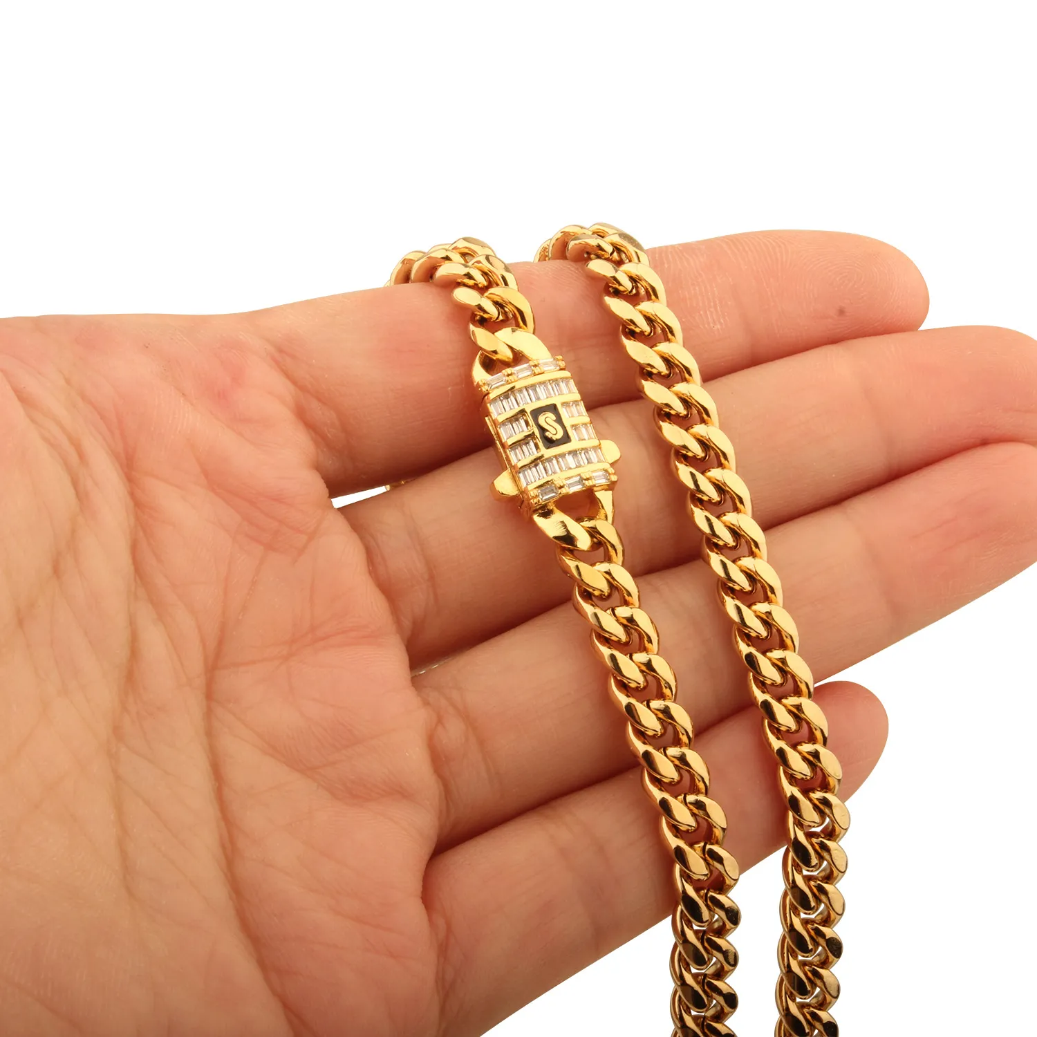 6mm-14mm Hip Hop Stainless Steel Cuban Link Chain Necklace 18K Real Gold Plated T Zircon Clasp Mens Necklace Jewelry