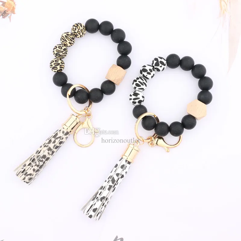 Wooden Tassel Bead String Bracelet Keychain Food Grade Silicone Beads Bracelets Women Girl Key Ring Chain Wrist Strap Pendant Leather Party Favor Gifts