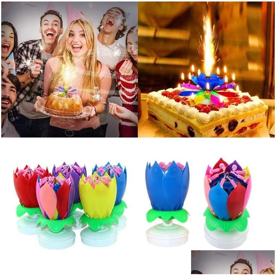 Other Festive & Party Supplies Musical Birthday Candle Magic Lotus Flower Candles Blossom Rotating Spin Party 14 Small 2Layers Cake To Dhb2D