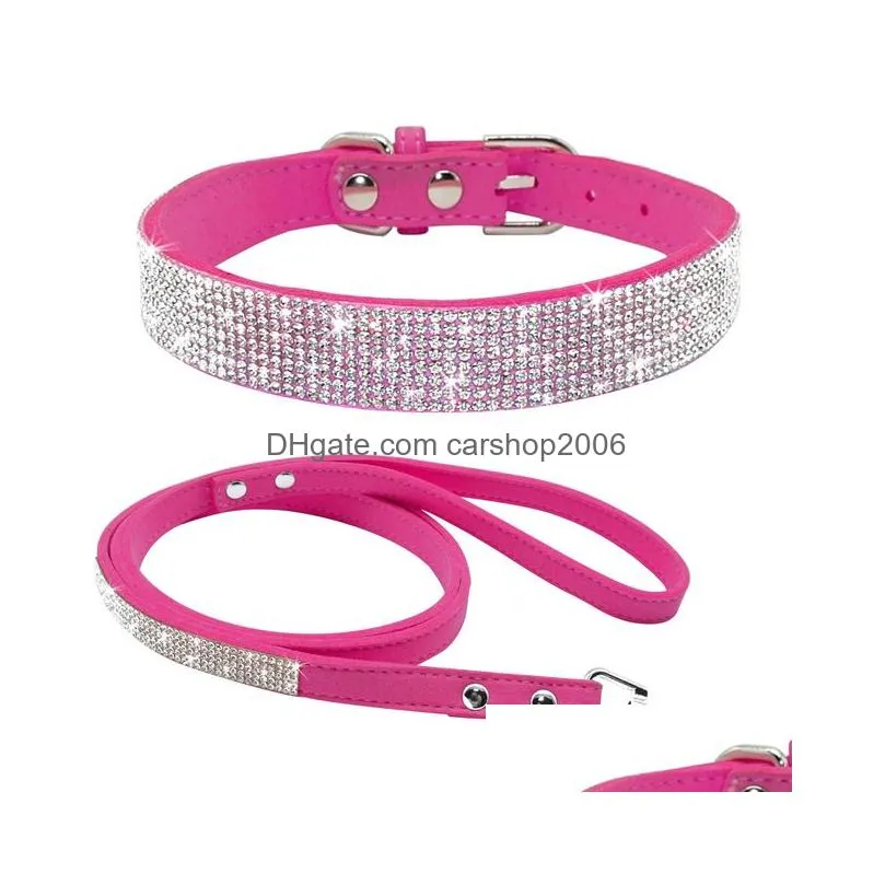 adjustable suede leather puppy dog collar leash set soft rhinestone small medium dogs cats collars walking leashes pink xs s m8509977