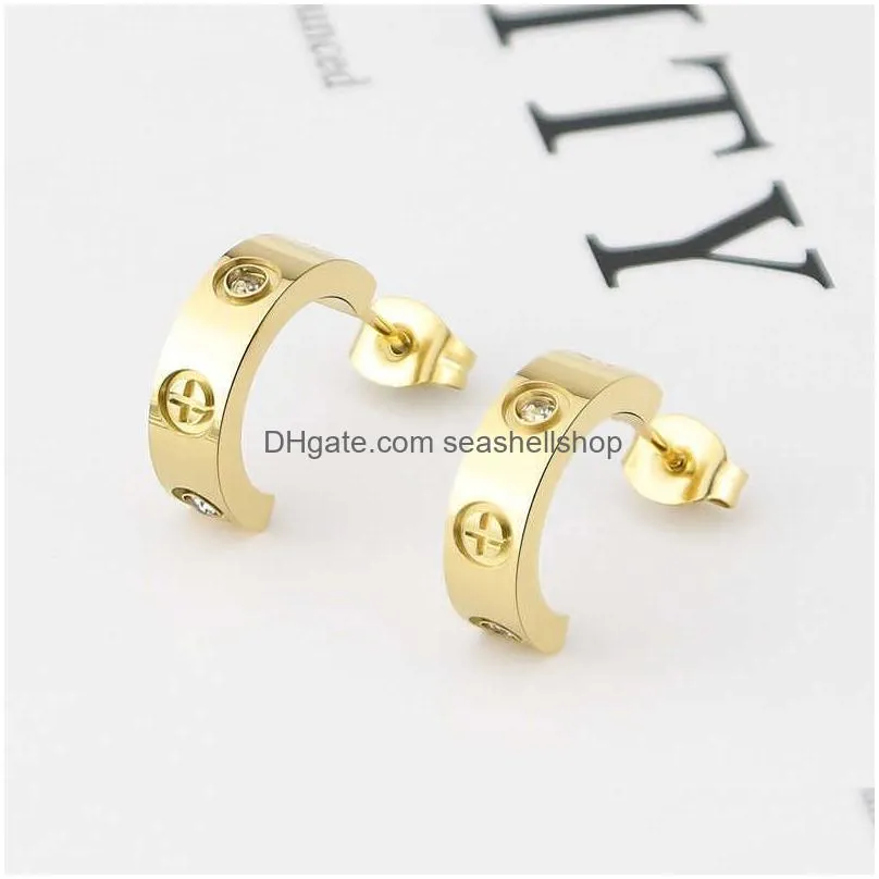 Charm Classic Luxury Jewelry C Shape Cross Screw Stud Earrings For Woman And Men Titanium Steel Top Quality Love Couple Jewelry Earrin Dhtso