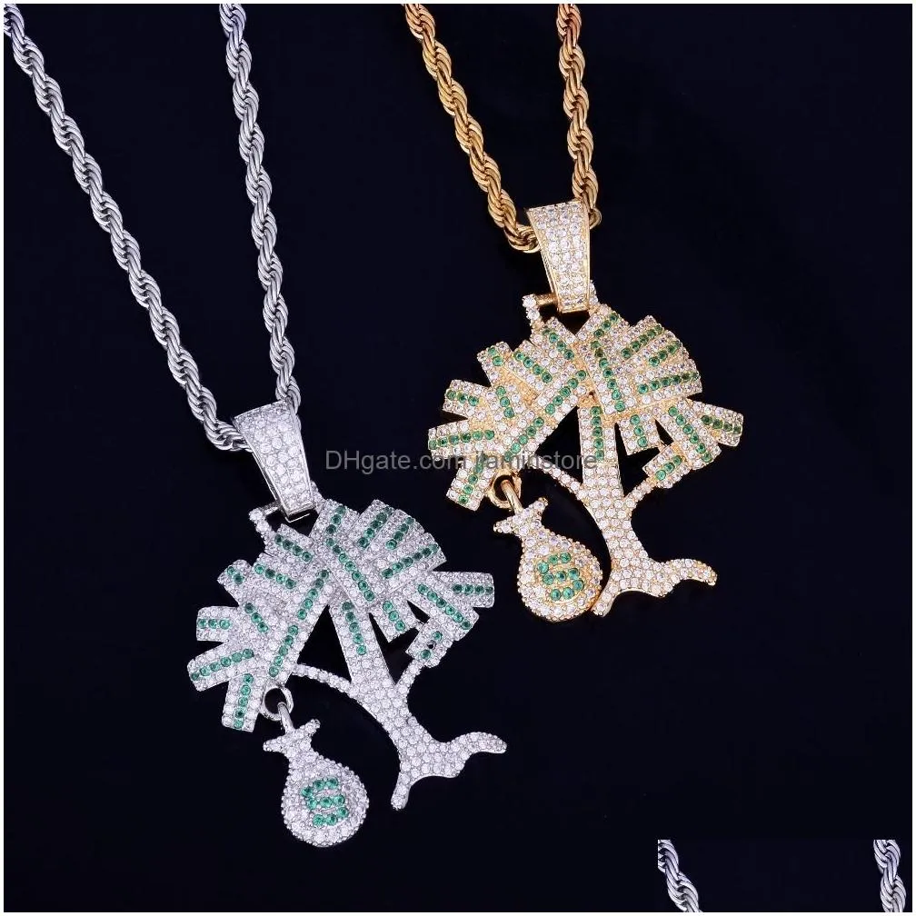 Pendant Necklaces Us Dollar Money Tree Pendant Necklace With Steel Rope Chain Gold Color Cubic Zircon Mens Hip Hop Jewelry2499 Jewelry Dhx3B