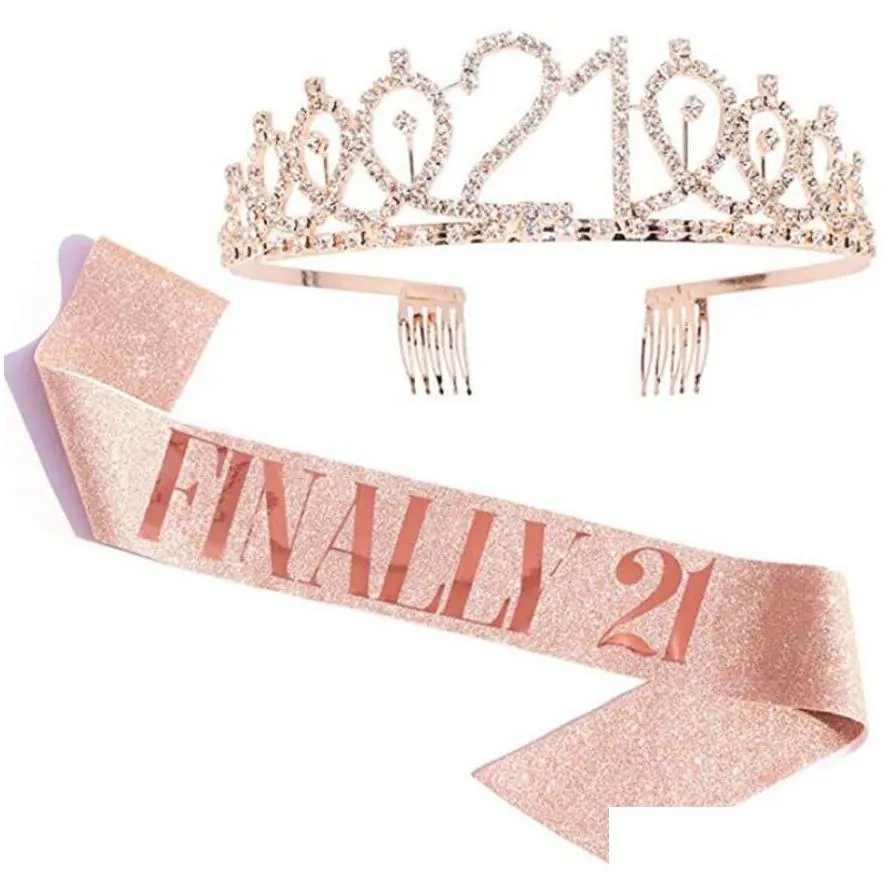 Other Festive & Party Supplies Birthday Queen Girl Party Decoration Rose Gold Satin Sash Crystal Crown Tiara Happy Anniversary Supplie Dhlag