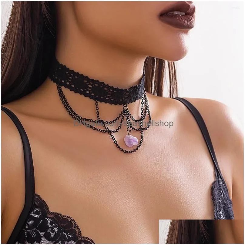 Pendant Necklaces Pendant Necklaces Lacteo Gothic Black Lace Rope Short Necklace Mtilayer Corss Chain Tassel Natural Stone Choker Wome Dhxkc