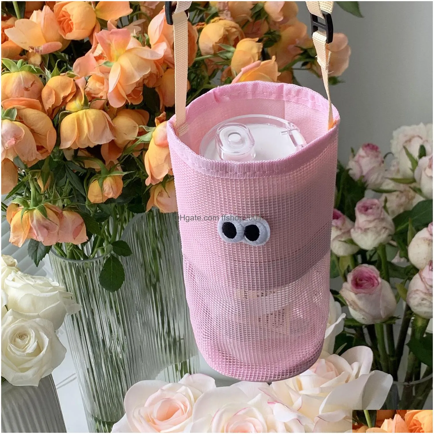 mesh bag korea livewok lovely big eyes drawstring mouth water cup bottle storage bag womens single shoulder diagonal