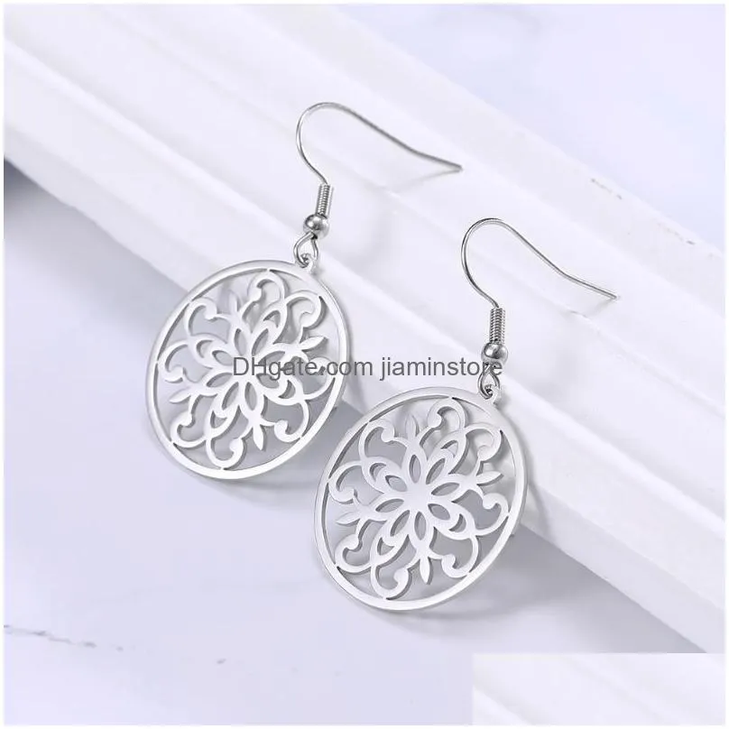 Dangle & Chandelier Dangle Chandelier Lucktune Retro Flower Drop Earrings Filigree Stainless Steel Round Hoop For Women Gift Fashion J Dhwld