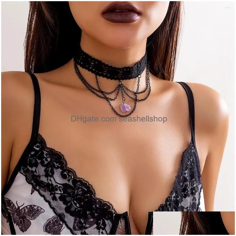 Pendant Necklaces Pendant Necklaces Lacteo Gothic Black Lace Rope Short Necklace Mtilayer Corss Chain Tassel Natural Stone Choker Wome Dhxkc