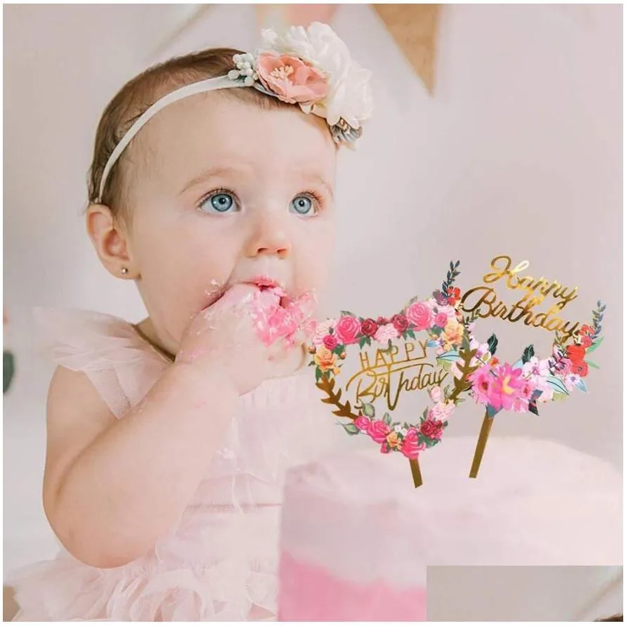 Party Decoration Creative Acrylic Cake Topper Happy Birthday Flowers Insert Baby Shower Party Cupcake Kids Gifts And Favors Home Garde Dhlov