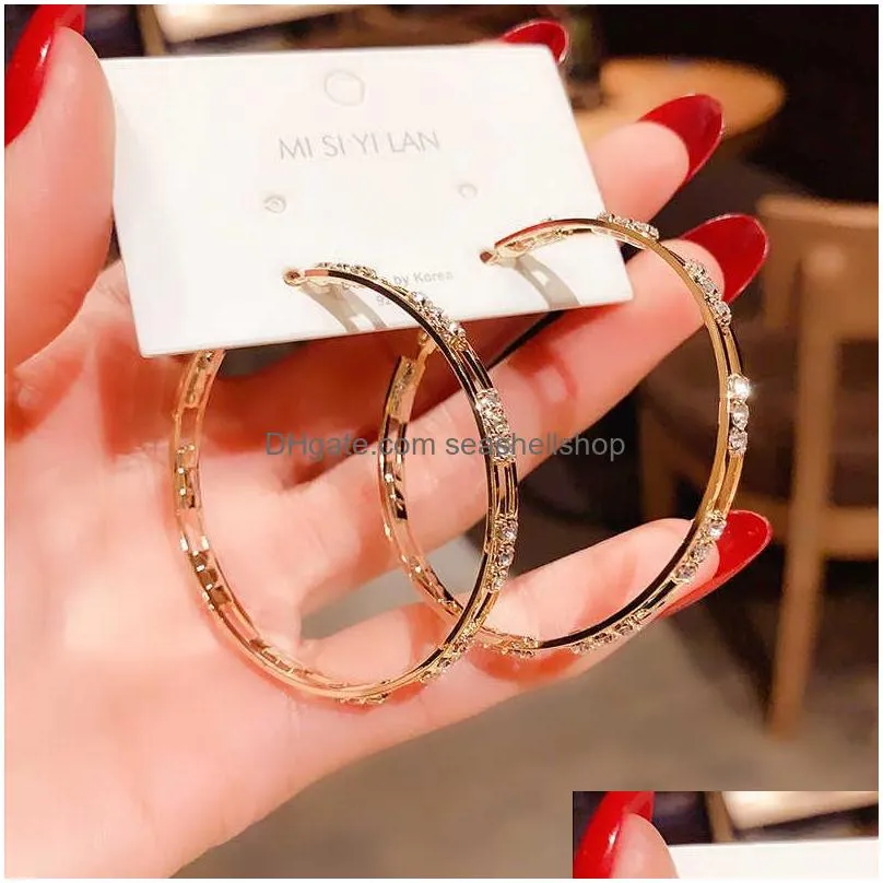 Charm Luxury Female Big White Round Hoop Earrings Fashion Gold Color Wedding Double Zircon Stone For Jewelry Earrings Dhahh