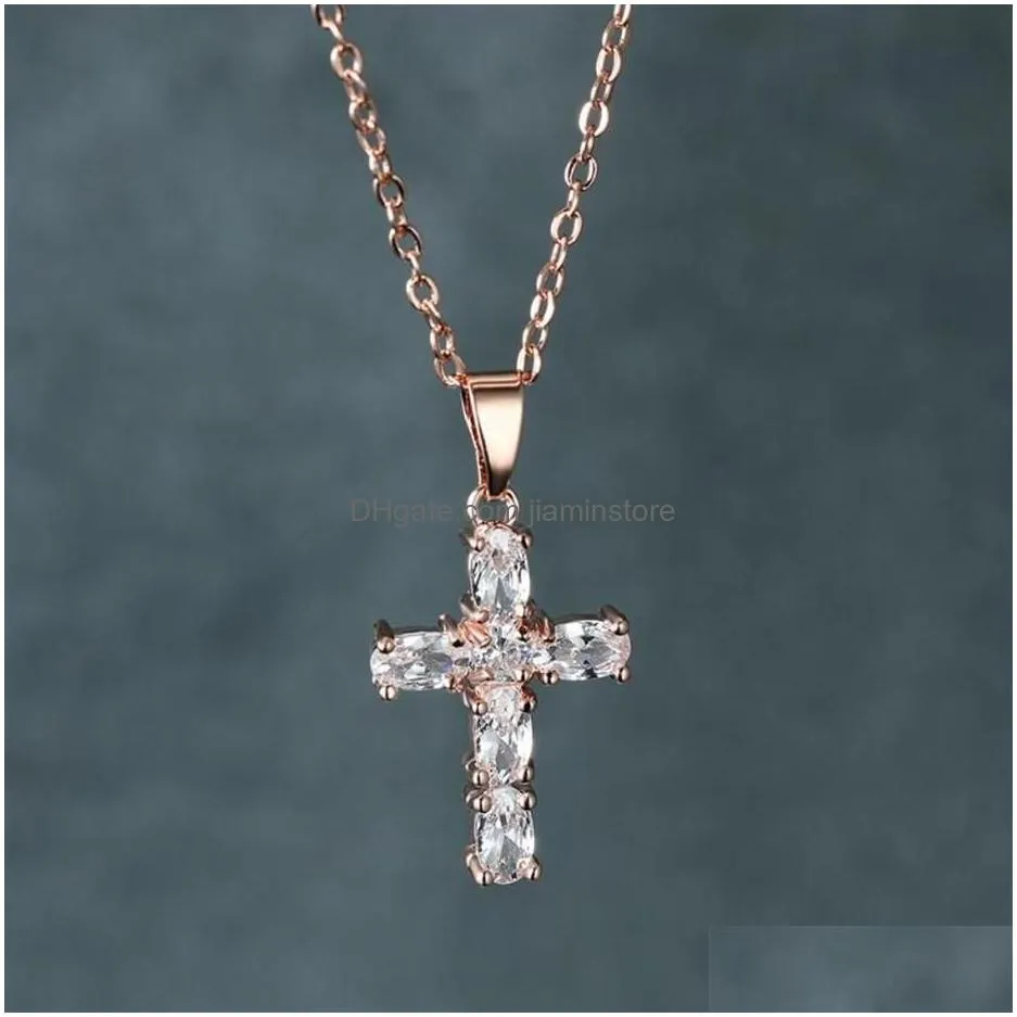 Pendant Necklaces Pendant Necklaces One Piece Jesus Cross Necklace For Women Luxury Crystal Rose Gold Sier Color Chains Wedding Jewelr Dhvkg