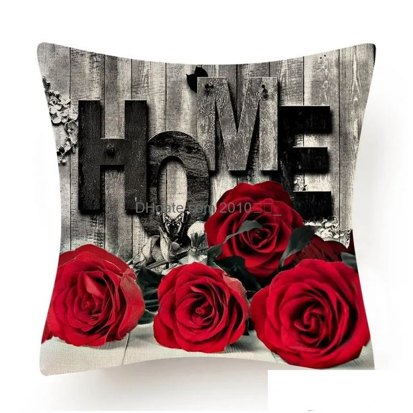 45x45cm red rose flower cushion cover home wedding decoration sofa bed lumbar pillowcase polyester red rose print pillow case