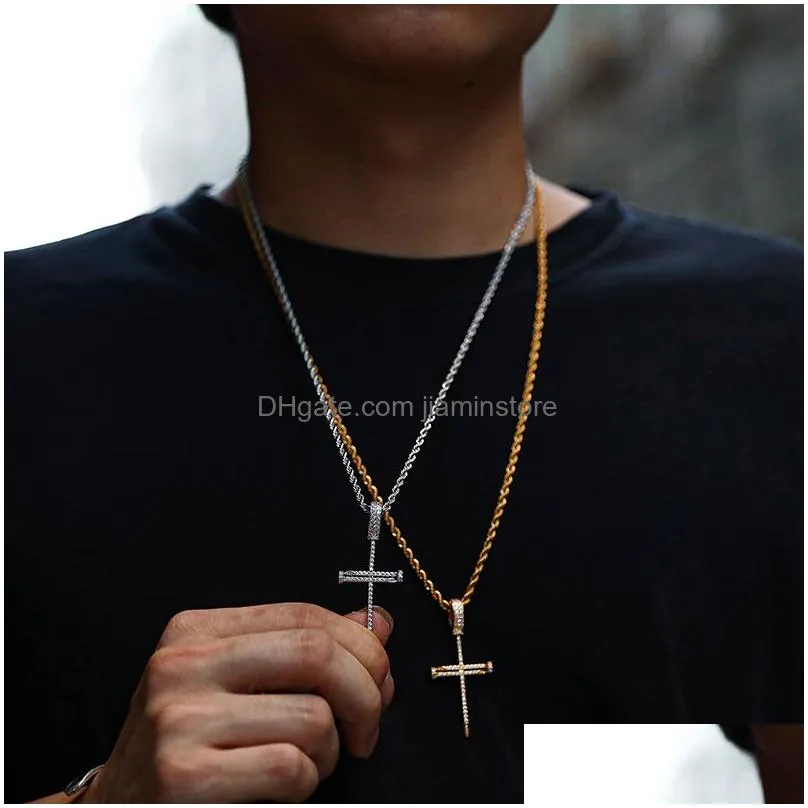 Pendant Necklaces Micro Pave Iced Out Cubic Zircon Nail Cross Pendant Necklace Jewelry With Cuban Chain Or Rope Chain201N Jewelry Neck Dhetm