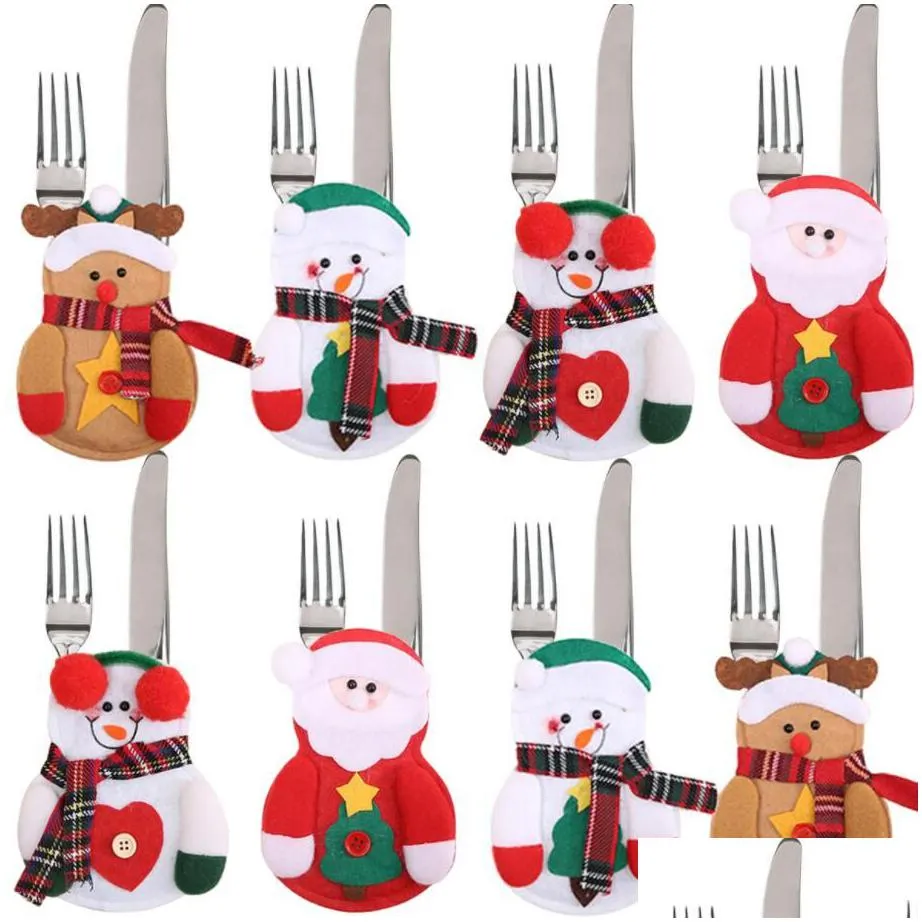 Christmas Decorations Santa Claus Snowman Knife And Fork Sets Christmas Cutlery Set Tableware Holder Bag Table Decoration Home Garden Dh2Hb