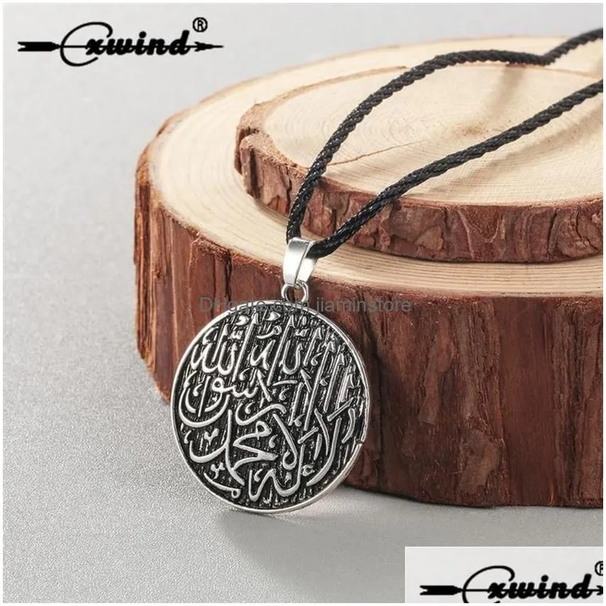 Pendant Necklaces Cxwind Fashion Round Disc Engraved Shahada Necklace Pendant Muslim Quran Koran Muhammad Arabic Retro Jewelry286K Jew Dhqne