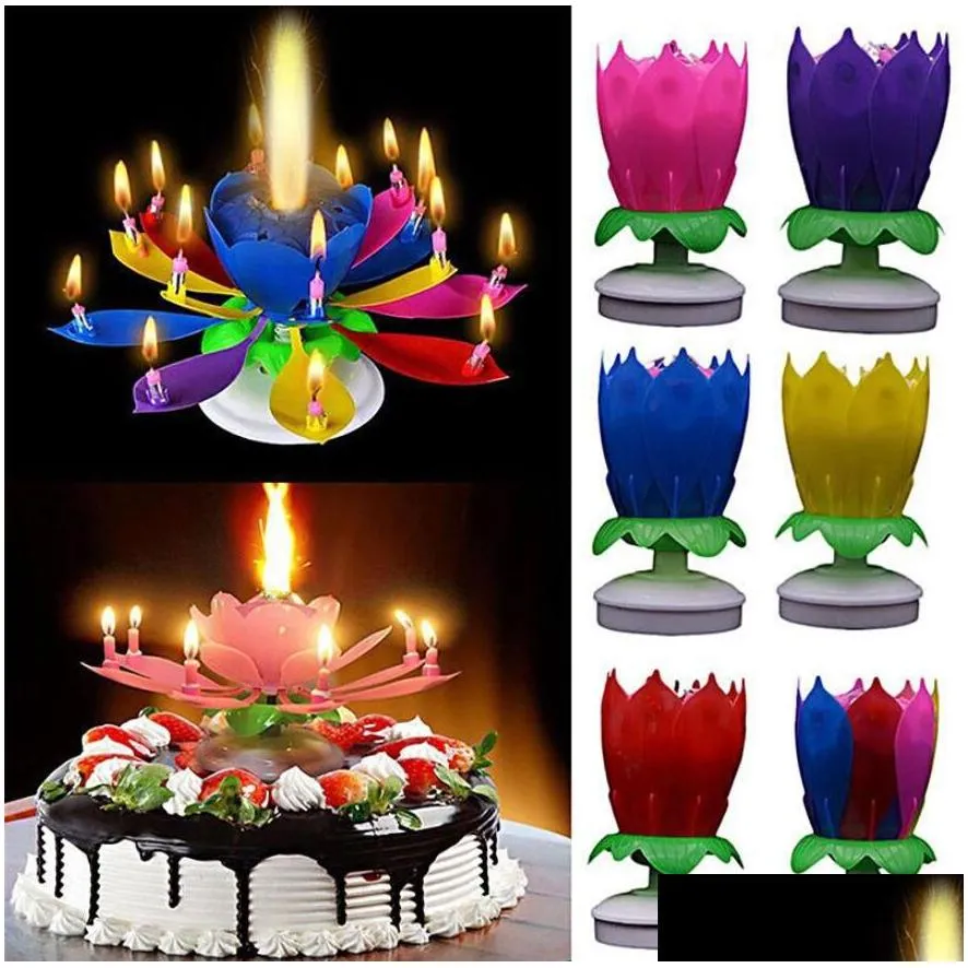 Other Festive & Party Supplies Musical Birthday Candle Magic Lotus Flower Candles Blossom Rotating Spin Party 14 Small 2Layers Cake To Dhb2D