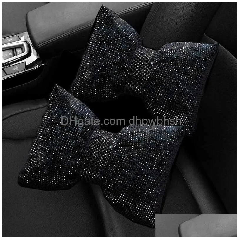  2pcs red diamond crystal bowknot car neck pillow rhinestone auto headrest seat support pillows bling car accessories for women