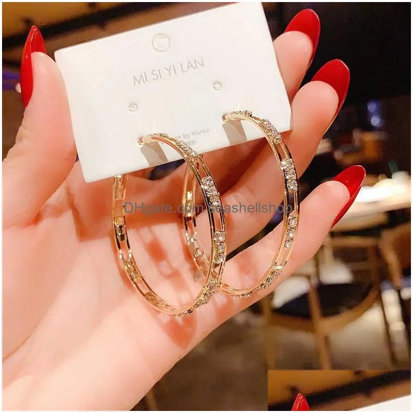Charm Luxury Female Big White Round Hoop Earrings Fashion Gold Color Wedding Double Zircon Stone For Jewelry Earrings Dhahh