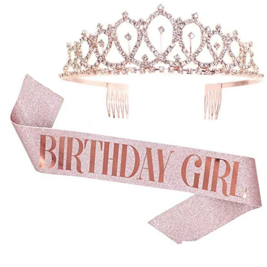 Other Festive & Party Supplies Fashion Birthday Decoration Rose Gold Queen/Girl Satin Sash With Crystal Crown For Women Adt 18 21Th Ho Dhson