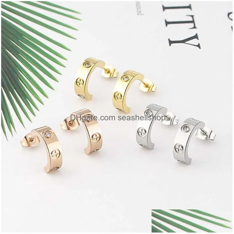 Charm Classic Luxury Jewelry C Shape Cross Screw Stud Earrings For Woman And Men Titanium Steel Top Quality Love Couple Jewelry Earrin Dhtso