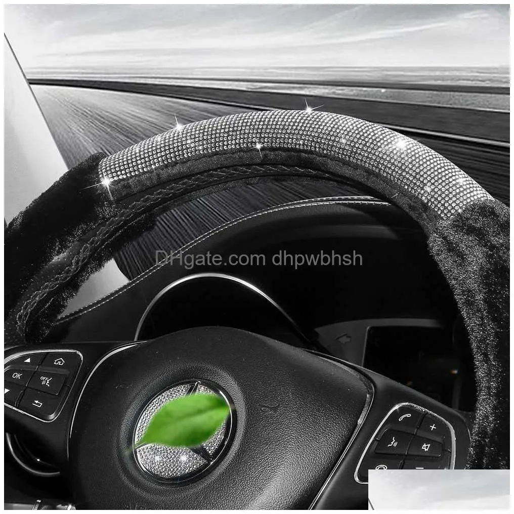  luxury rhinestone car steering wheel cover plush car auto grip winter warm bling car accessories interior for girl women